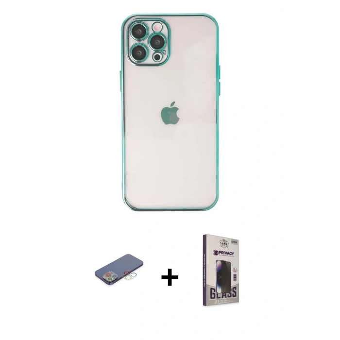 MARSİLYAN™- iPhone 12 Pro Max Kılıf Vadi Minimal - Siyah Bilvis Hayalet Cam Ekran Koruyucu + Renkli Kamera Lens Koruma Cam - MI