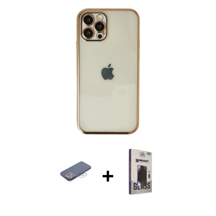 MARSİLYAN™- iPhone 12 Pro Max Kılıf Vadi Minimal - Siyah Bilvis Hayalet Cam Ekran Koruyucu + Renkli Kamera Lens Koruma Cam - MI