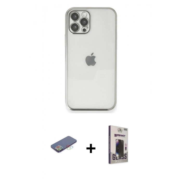 MARSİLYAN™- iPhone 12 Pro Max Kılıf Vadi Minimal - Siyah Bilvis Hayalet Cam Ekran Koruyucu + Renkli Kamera Lens Koruma Cam - MI