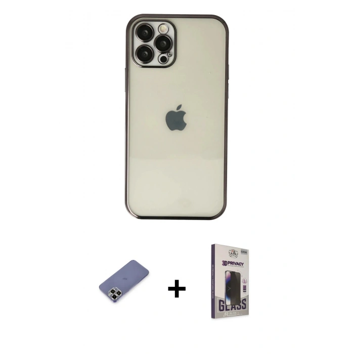 MARSİLYAN™- iPhone 12 Pro Max Kılıf Vadi Minimal - Siyah Bilvis Hayalet Cam Ekran Koruyucu + Metal Kamera Lens Koruma Cam - GD