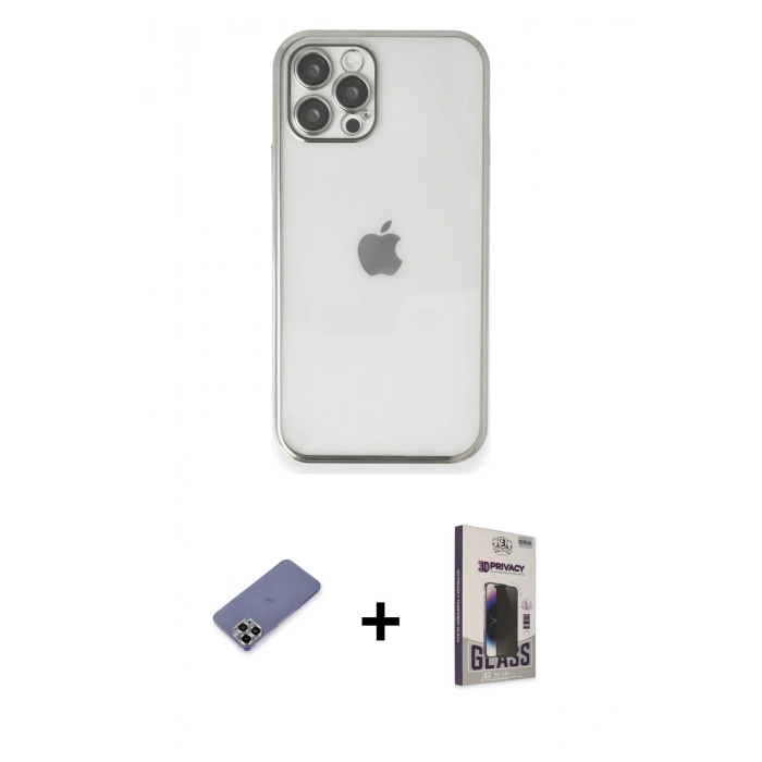 MARSİLYAN™- iPhone 12 Pro Max Kılıf Vadi Minimal - Siyah Bilvis Hayalet Cam Ekran Koruyucu + Metal Kamera Lens Koruma Cam - GD
