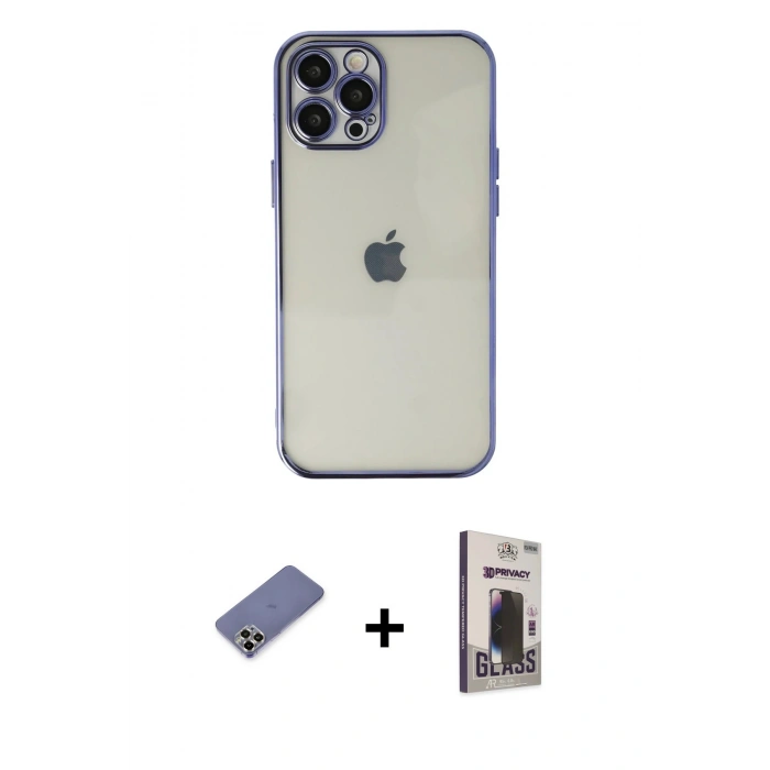 MARSİLYAN™- iPhone 12 Pro Max Kılıf Vadi Minimal - Siyah Bilvis Hayalet Cam Ekran Koruyucu + Metal Kamera Lens Koruma Cam - GD