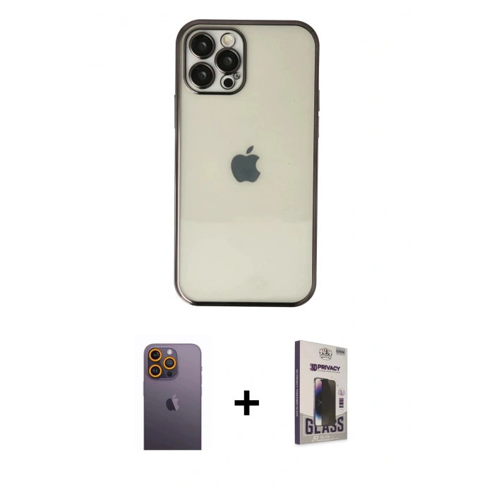 MARSİLYAN™- iPhone 12 Pro Max Kılıf Vadi Minimal - Siyah Bilvis Hayalet Cam Ekran Koruyucu + Neon Fosforlu Kamera Lens - SI