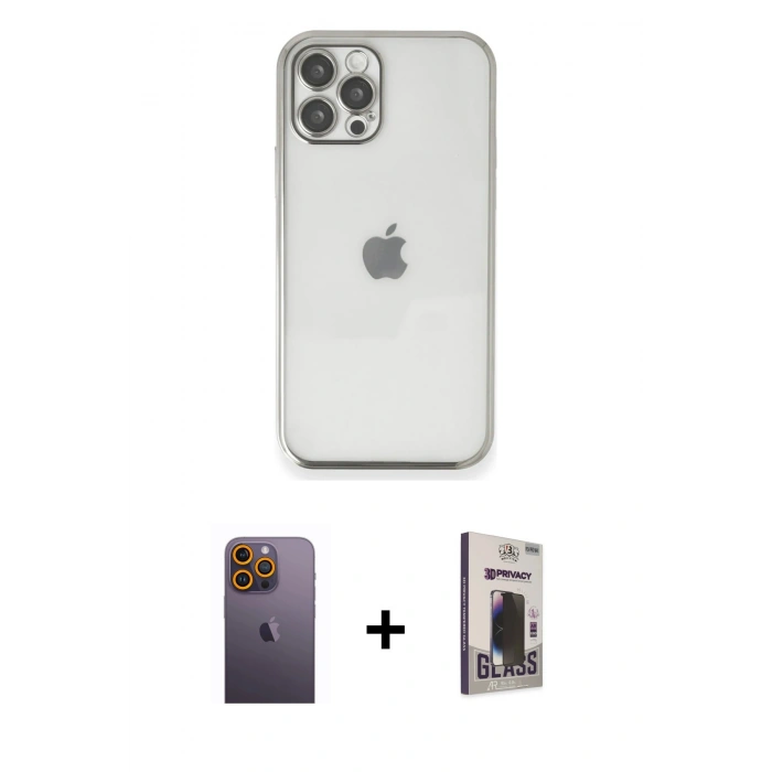 MARSİLYAN™- iPhone 12 Pro Max Kılıf Vadi Minimal - Siyah Bilvis Hayalet Cam Ekran Koruyucu + Neon Fosforlu Kamera Lens - SI