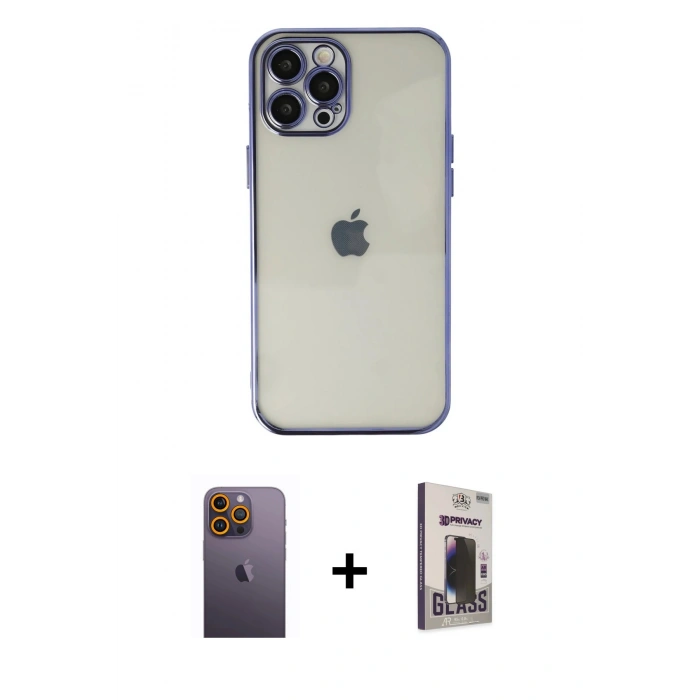 MARSİLYAN™- iPhone 12 Pro Max Kılıf Vadi Minimal - Siyah Bilvis Hayalet Cam Ekran Koruyucu + Neon Fosforlu Kamera Lens - SI
