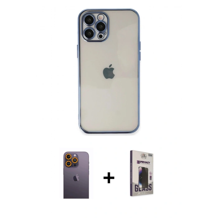 MARSİLYAN™- iPhone 12 Pro Max Kılıf Vadi Minimal - Siyah Bilvis Hayalet Cam Ekran Koruyucu + Neon Fosforlu Kamera Lens - SI