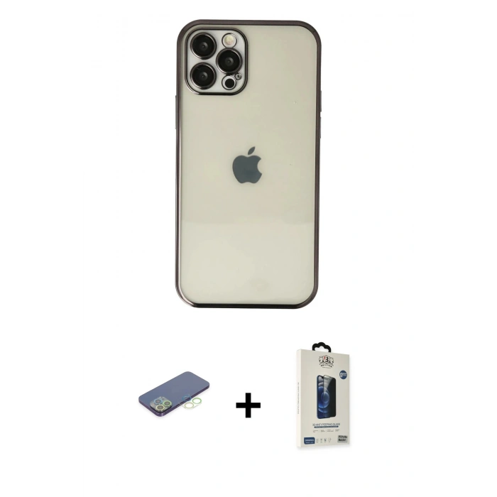 MARSİLYAN™- iPhone 12 Pro Max Kılıf Vadi Minimal - Siyah Bilvis Hayalet Cam Ekran Koruyucu + Renkli Kamera Lens Koruma Cam - YL