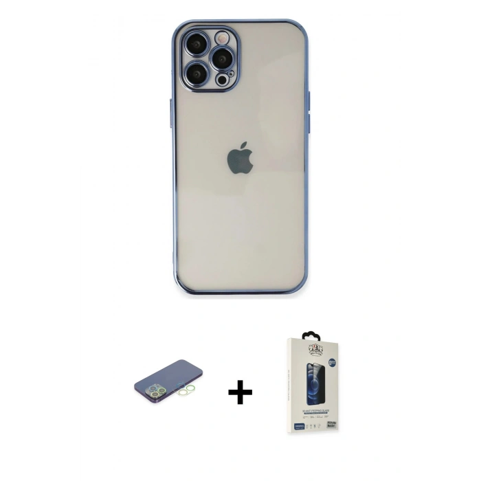 MARSİLYAN™- iPhone 12 Pro Max Kılıf Vadi Minimal - Siyah Bilvis Hayalet Cam Ekran Koruyucu + Renkli Kamera Lens Koruma Cam - YL