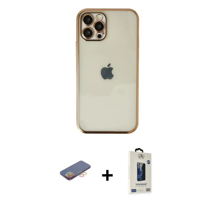 MARSİLYAN™- iPhone 12 Pro Max Kılıf Vadi Minimal - Siyah Bilvis Hayalet Cam Ekran Koruyucu + Renkli Kamera Lens Koruma Cam - TU