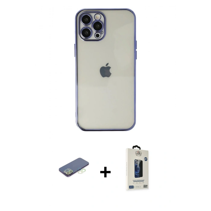 MARSİLYAN™- iPhone 12 Pro Max Kılıf Vadi Minimal - Siyah Bilvis Hayalet Cam Ekran Koruyucu + Renkli Kamera Lens Koruma Cam - YL