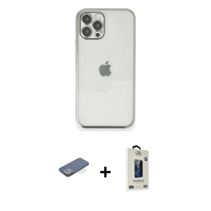 MARSİLYAN™- iPhone 12 Pro Max Kılıf Vadi Minimal - Siyah Bilvis Hayalet Cam Ekran Koruyucu + Renkli Kamera Lens Koruma Cam - YL