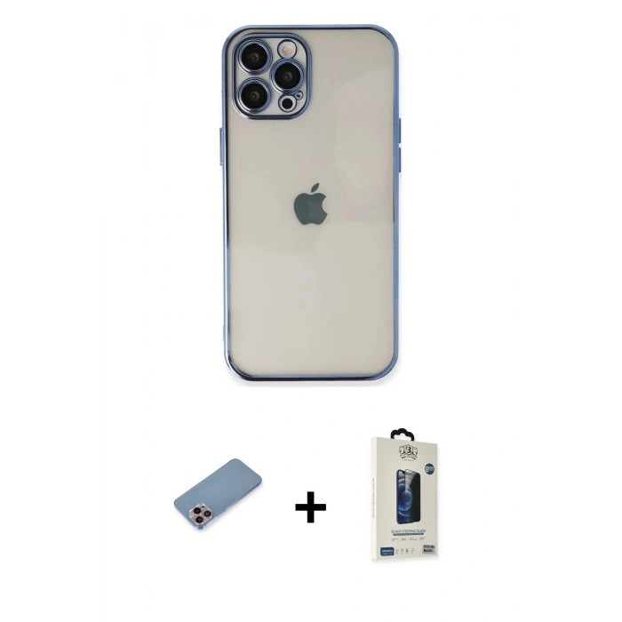 MARSİLYAN™- iPhone 12 Pro Max Kılıf Vadi Minimal - Siyah Bilvis Hayalet Cam Ekran Koruyucu + Shine Kamera Lens Koruma Cam - PE