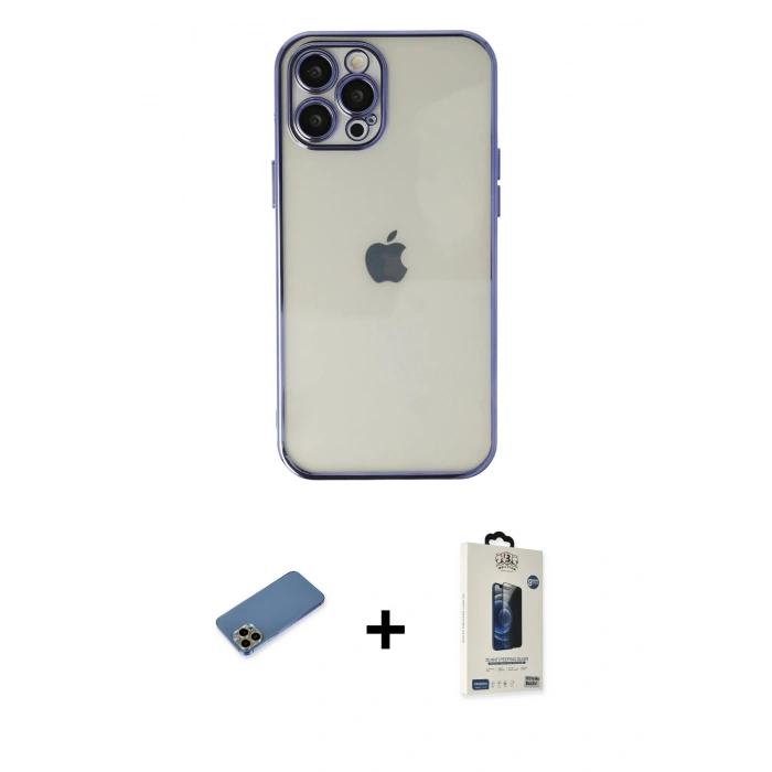 MARSİLYAN™- iPhone 12 Pro Max Kılıf Vadi Minimal - Siyah Bilvis Hayalet Cam Ekran Koruyucu + Shine Kamera Lens Koruma Cam - GD