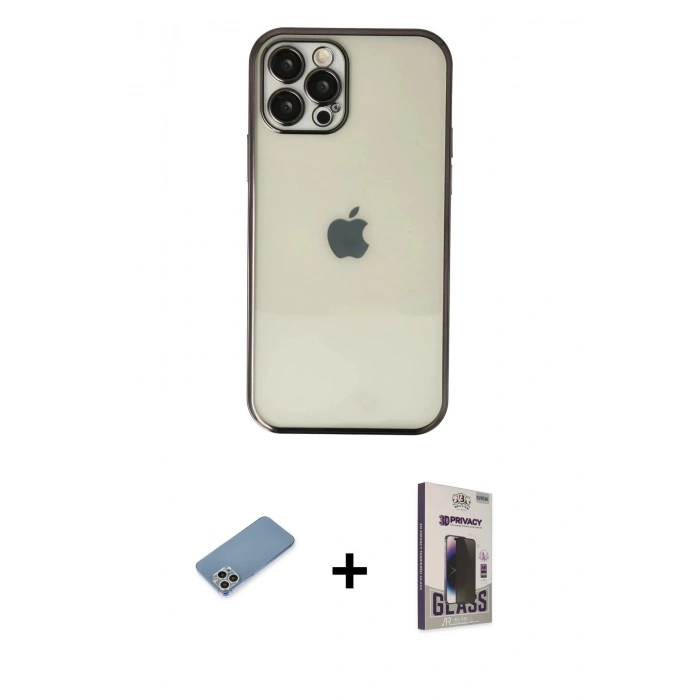 MARSİLYAN™- iPhone 12 Pro Max Kılıf Vadi Minimal - Siyah Bilvis Hayalet Cam Ekran Koruyucu + Shine Kamera Lens Koruma Cam - GS