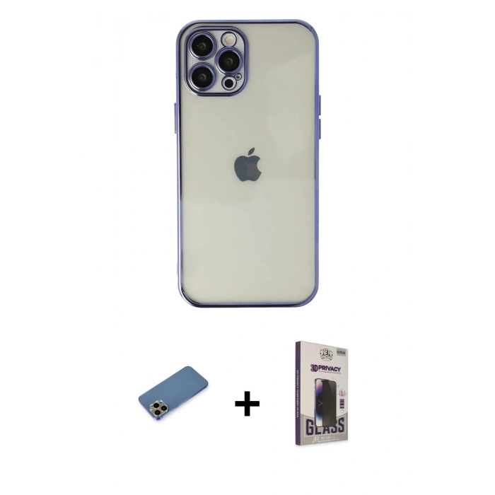MARSİLYAN™- iPhone 12 Pro Max Kılıf Vadi Minimal - Siyah Bilvis Hayalet Cam Ekran Koruyucu + Shine Kamera Lens Koruma Cam - GD