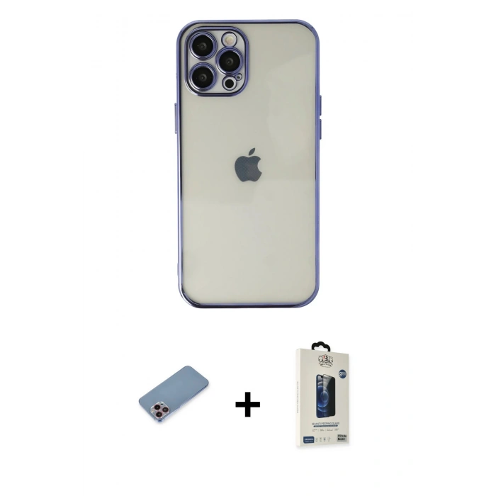 MARSİLYAN™- iPhone 12 Pro Max Kılıf Vadi Minimal - Siyah Bilvis Hayalet Cam Ekran Koruyucu + Shine Kamera Lens Koruma Cam - PE