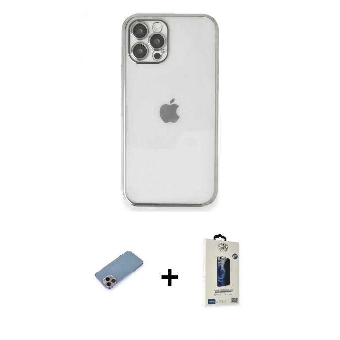 MARSİLYAN™- iPhone 12 Pro Max Kılıf Vadi Minimal - Siyah Bilvis Hayalet Cam Ekran Koruyucu + Shine Kamera Lens Koruma Cam - PE