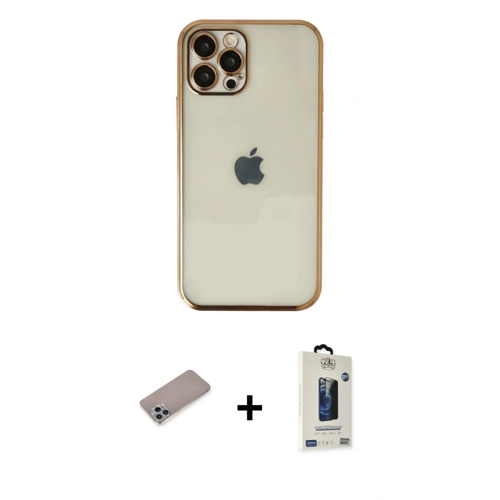 MARSİLYAN™- iPhone 12 Pro Max Kılıf Vadi Minimal - Siyah Bilvis Hayalet Cam Ekran Koruyucu + Shine Kamera Lens Koruma Cam - SABE
