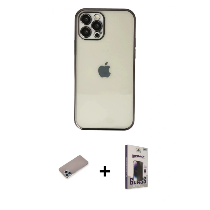 MARSİLYAN™- iPhone 12 Pro Max Kılıf Vadi Minimal - Siyah Bilvis Hayalet Cam Ekran Koruyucu + Sierra Blue Shine Kamera Lens Koruma Cam