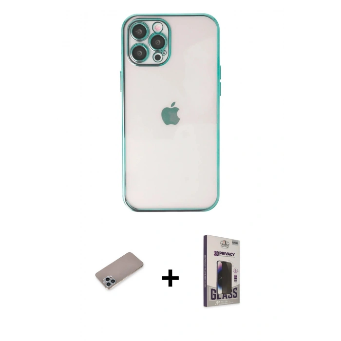 MARSİLYAN™- iPhone 12 Pro Max Kılıf Vadi Minimal - Siyah Bilvis Hayalet Cam Ekran Koruyucu + Sierra Blue Shine Kamera Lens Koruma Cam