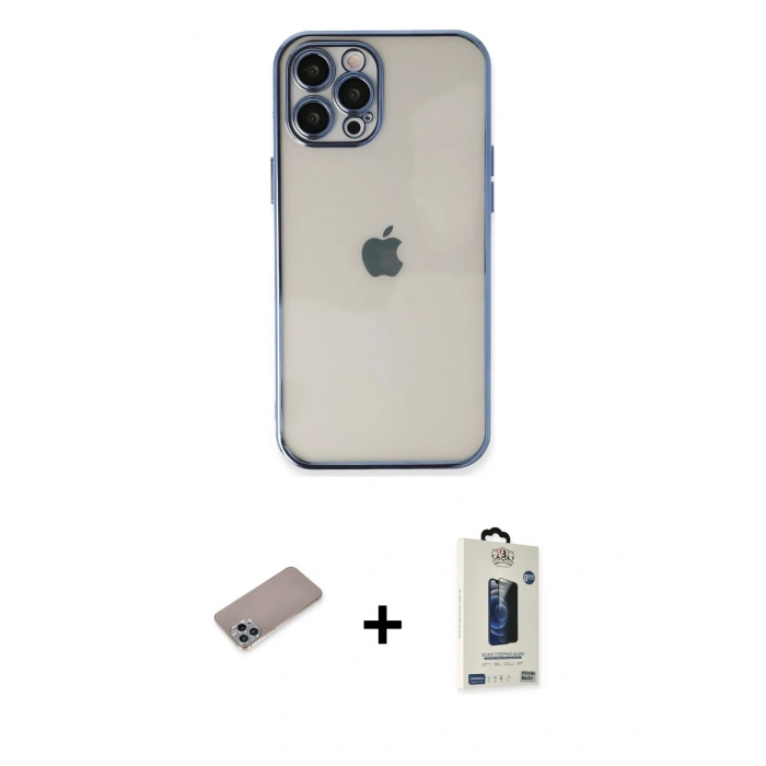 MARSİLYAN™- iPhone 12 Pro Max Kılıf Vadi Minimal - Siyah Bilvis Hayalet Cam Ekran Koruyucu + Shine Kamera Lens Koruma Cam - SABE