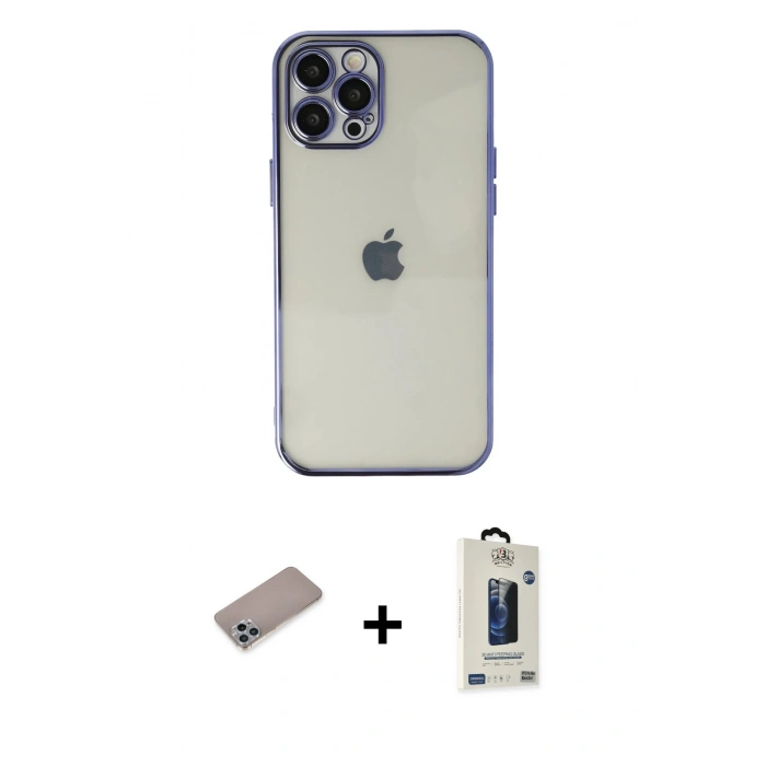 MARSİLYAN™- iPhone 12 Pro Max Kılıf Vadi Minimal - Siyah Bilvis Hayalet Cam Ekran Koruyucu + Shine Kamera Lens Koruma Cam - SABE