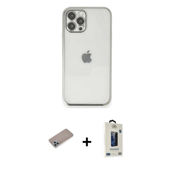 MARSİLYAN™- iPhone 12 Pro Max Kılıf Vadi Minimal - Siyah Bilvis Hayalet Cam Ekran Koruyucu + Shine Kamera Lens Koruma Cam - SABE