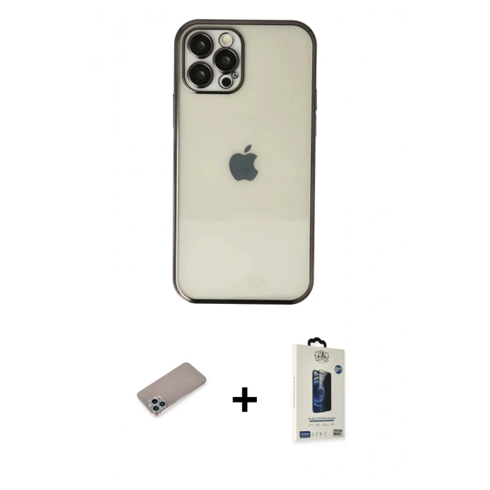 MARSİLYAN™- iPhone 12 Pro Max Kılıf Vadi Minimal - Siyah Bilvis Hayalet Cam Ekran Koruyucu + Shine Kamera Lens Koruma Cam - SABE