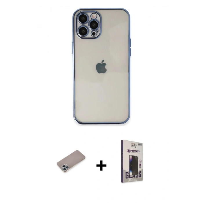 MARSİLYAN™- iPhone 12 Pro Max Kılıf Vadi Minimal - Siyah Bilvis Hayalet Cam Ekran Koruyucu + Sierra Blue Shine Kamera Lens Koruma Cam
