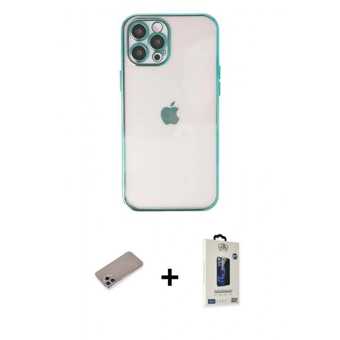 MARSİLYAN™- iPhone 12 Pro Max Kılıf Vadi Minimal - Siyah Bilvis Hayalet Cam Ekran Koruyucu + Shine Kamera Lens Koruma Cam - SABE
