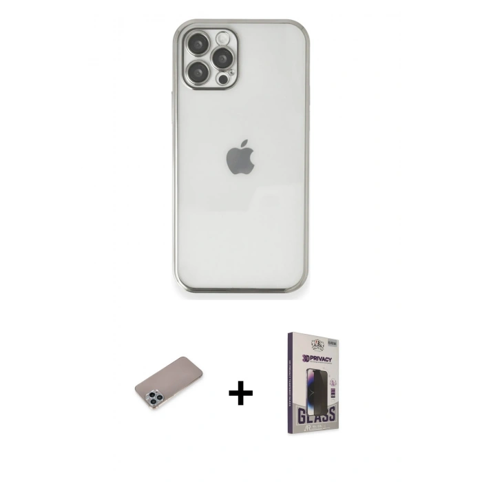 MARSİLYAN™- iPhone 12 Pro Max Kılıf Vadi Minimal - Siyah Bilvis Hayalet Cam Ekran Koruyucu + Sierra Blue Shine Kamera Lens Koruma Cam