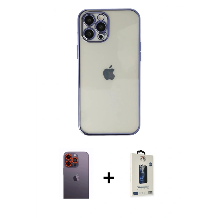 MARSİLYAN™- iPhone 12 Pro Max Kılıf Vadi Minimal - Siyah Bilvis Hayalet Cam Ekran Koruyucu + Neon Fosforlu Kamera Lens - TU