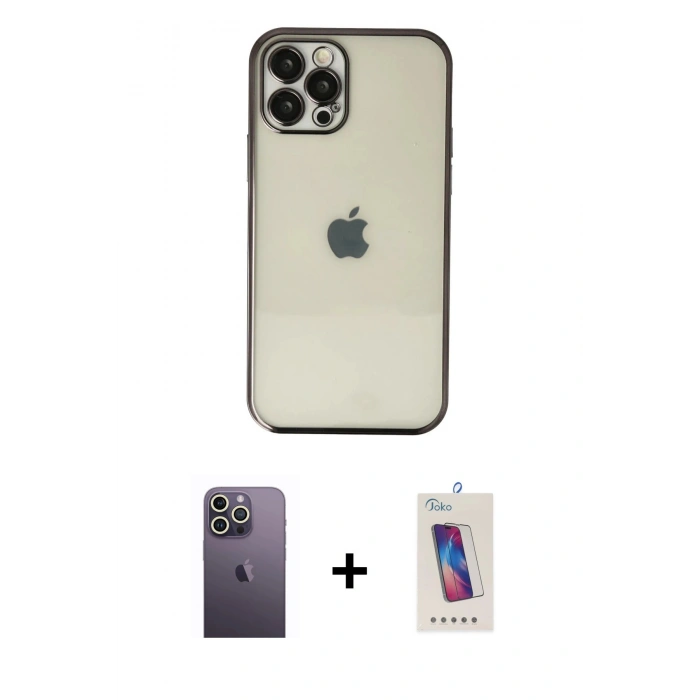 MARSİLYAN™- iPhone 12 Pro Max Kılıf Vadi Minimal - Siyah Joko 5D Cam + Neon Fosforlu Kamera Lens - BZ