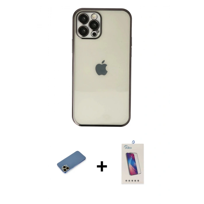 MARSİLYAN™- iPhone 12 Pro Max Kılıf Vadi Minimal - Siyah Joko 5D Cam + Shine Kamera Lens Koruma Cam - GD
