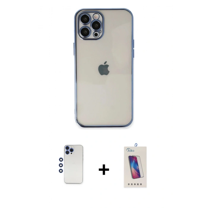 MARSİLYAN™- iPhone 12 Pro Max Kılıf Vadi Minimal - Siyah Joko 5D Cam + Lacivert Shine Kamera Lens
