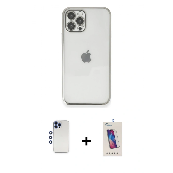 MARSİLYAN™- iPhone 12 Pro Max Kılıf Vadi Minimal - Siyah Joko 5D Cam + Lacivert Shine Kamera Lens