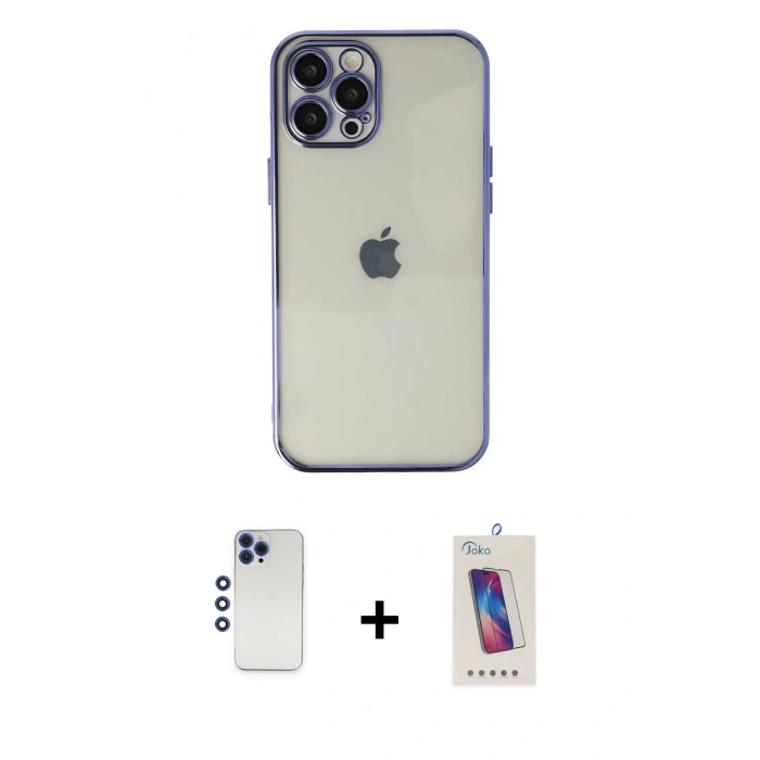 MARSİLYAN™- iPhone 12 Pro Max Kılıf Vadi Minimal - Siyah Joko 5D Cam + Lacivert Shine Kamera Lens
