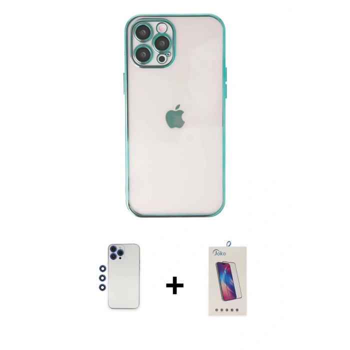 MARSİLYAN™- iPhone 12 Pro Max Kılıf Vadi Minimal - Siyah Joko 5D Cam + Lacivert Shine Kamera Lens