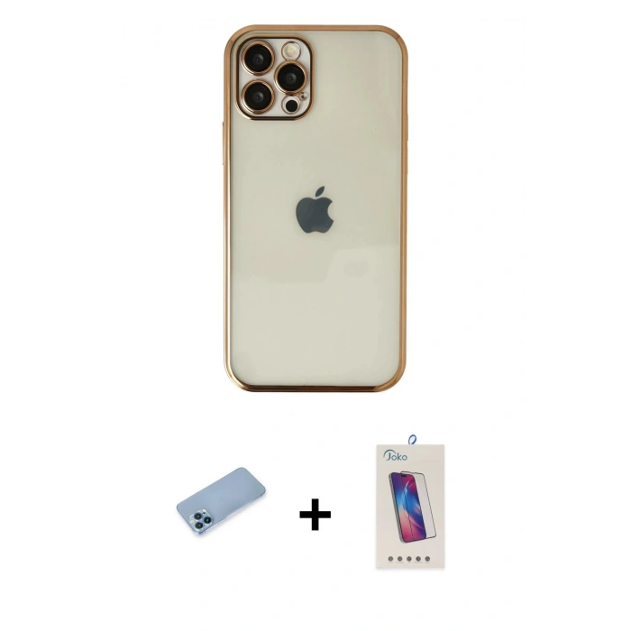 MARSİLYAN™- iPhone 12 Pro Max Kılıf Vadi Minimal - Siyah Joko 5D Cam + Mavi Shine Kamera Lens Koruma Cam