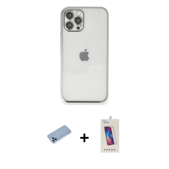 MARSİLYAN™- iPhone 12 Pro Max Kılıf Vadi Minimal - Siyah Joko 5D Cam + Mavi Shine Kamera Lens Koruma Cam