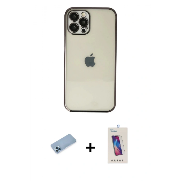MARSİLYAN™- iPhone 12 Pro Max Kılıf Vadi Minimal - Siyah Joko 5D Cam + Mavi Shine Kamera Lens Koruma Cam