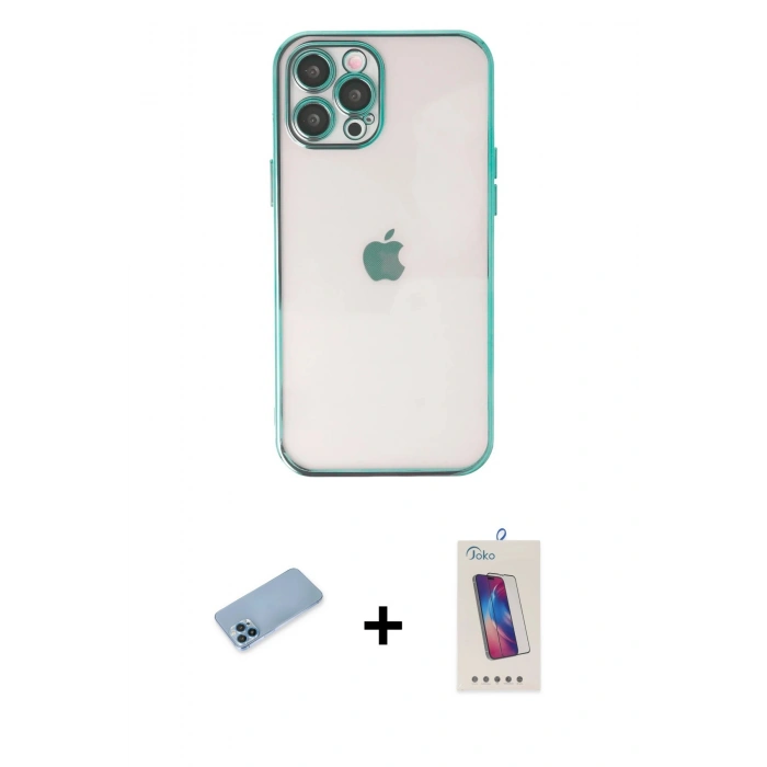 MARSİLYAN™- iPhone 12 Pro Max Kılıf Vadi Minimal - Siyah Joko 5D Cam + Mavi Shine Kamera Lens Koruma Cam