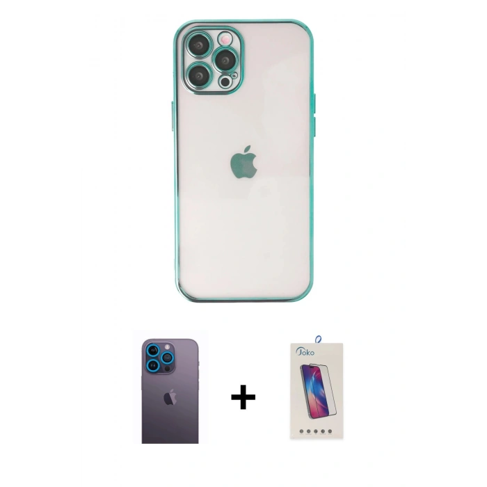 MARSİLYAN™- iPhone 12 Pro Max Kılıf Vadi Minimal - Siyah Joko 5D Cam + Neon Fosforlu Kamera Lens - MI