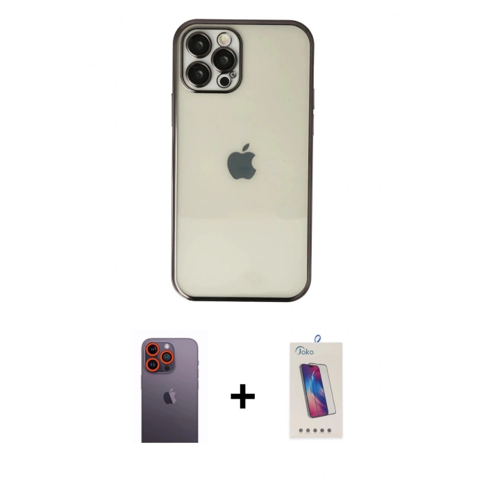 MARSİLYAN™- iPhone 12 Pro Max Kılıf Vadi Minimal - Siyah Joko 5D Cam + Neon Fosforlu Kamera Lens - TU