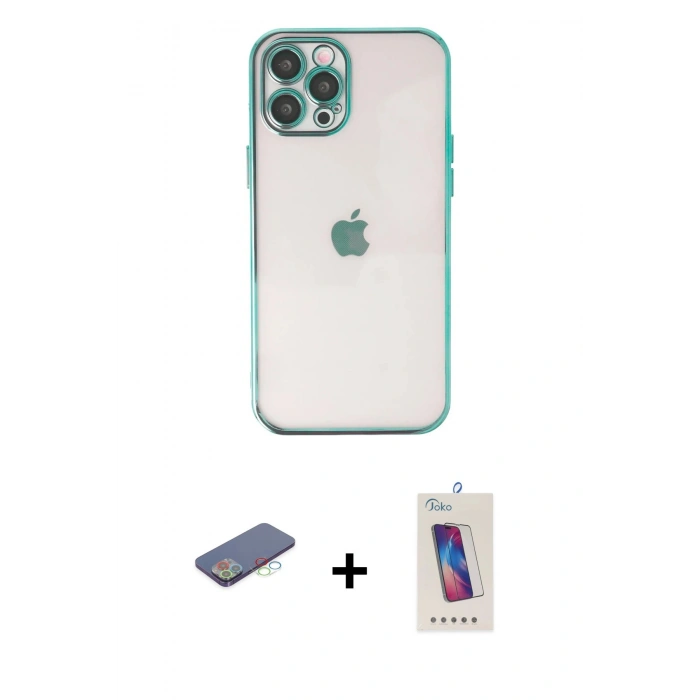 MARSİLYAN™- iPhone 12 Pro Max Kılıf Vadi Minimal - Siyah Joko 5D Cam + Renkli Kamera Lens Koruma Cam - MI