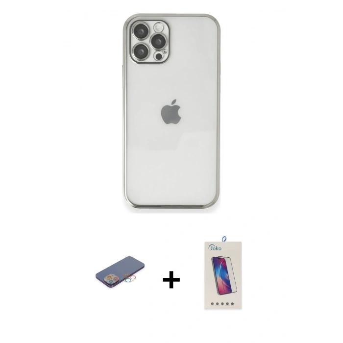 MARSİLYAN™- iPhone 12 Pro Max Kılıf Vadi Minimal - Siyah Joko 5D Cam + Renkli Kamera Lens Koruma Cam - PE