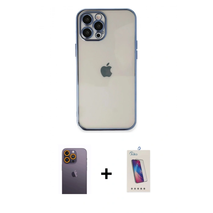 MARSİLYAN™- iPhone 12 Pro Max Kılıf Vadi Minimal - Siyah Joko 5D Cam + Neon Fosforlu Kamera Lens - SI
