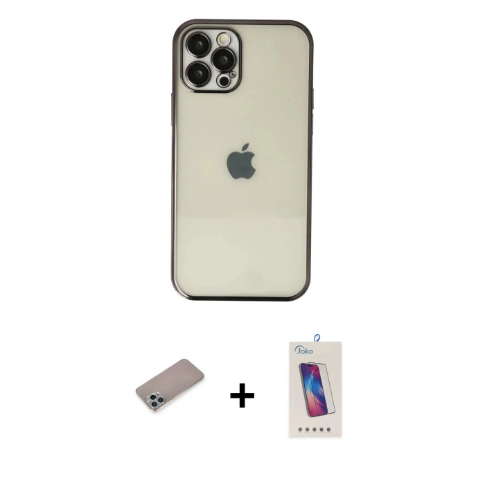 MARSİLYAN™- iPhone 12 Pro Max Kılıf Vadi Minimal - Siyah Joko 5D Cam + Shine Kamera Lens Koruma Cam - SABE