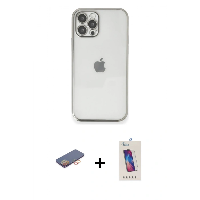MARSİLYAN™- iPhone 12 Pro Max Kılıf Vadi Minimal - Siyah Joko 5D Cam + Renkli Kamera Lens Koruma Cam - TU