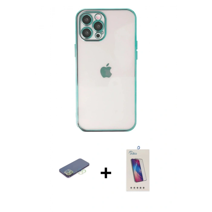 MARSİLYAN™- iPhone 12 Pro Max Kılıf Vadi Minimal - Siyah Joko 5D Cam + Renkli Kamera Lens Koruma Cam - YL